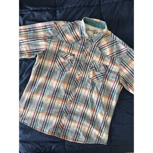Wrangler® Blue Pink Plaid Short Sleeve Pearl Snap Shirt Size XL